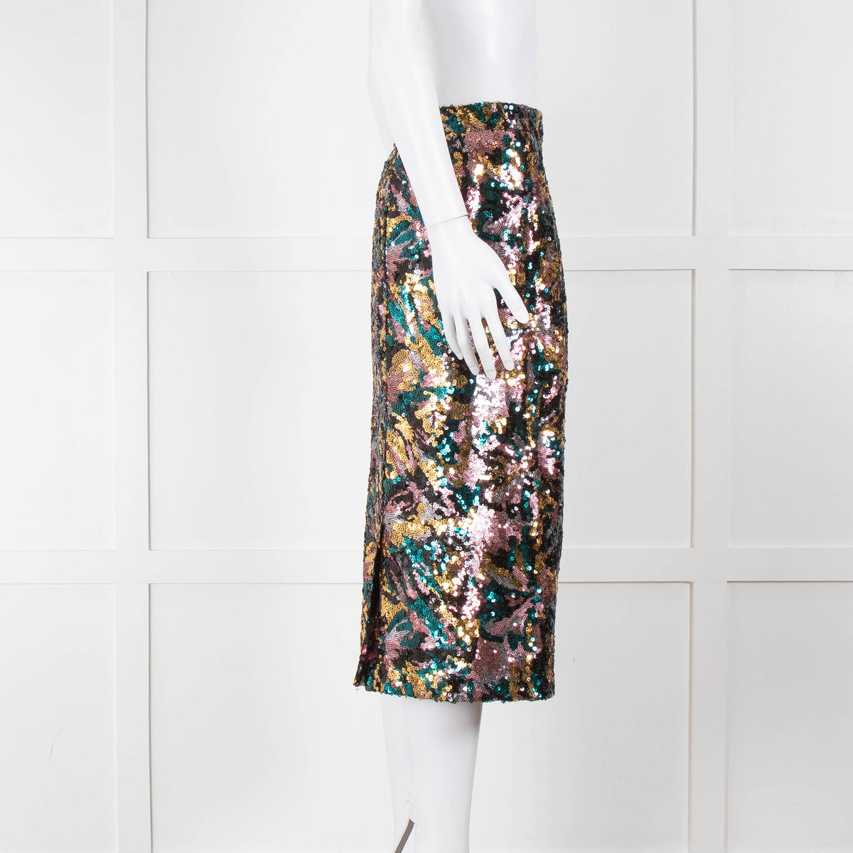 Sezane Blue, Gold and Pink Sequin Floral Pencil Skirt