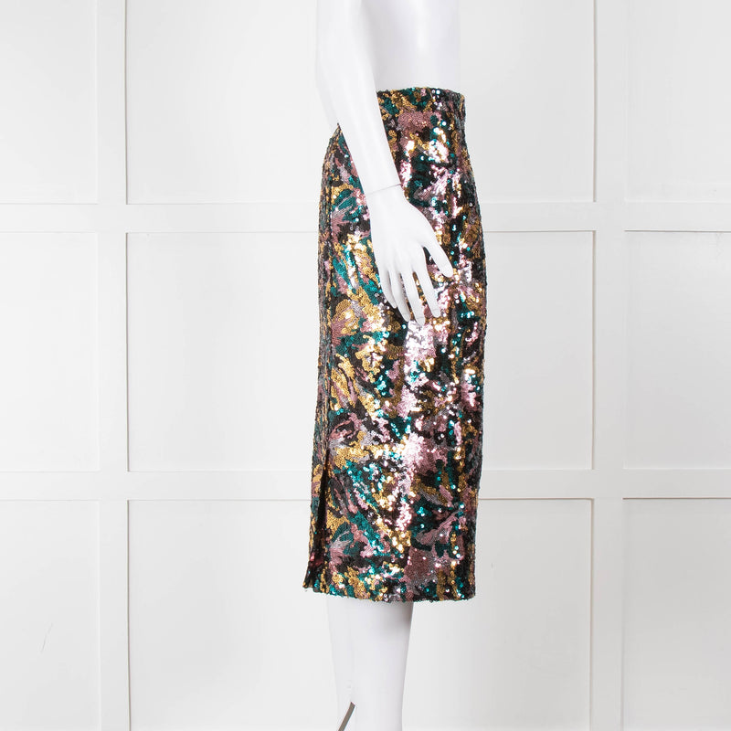 Sezane Blue, Gold and Pink Sequin Floral Pencil Skirt