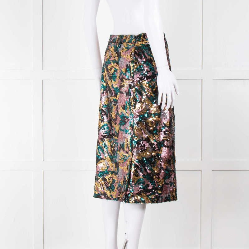 Sezane Blue, Gold and Pink Sequin Floral Pencil Skirt