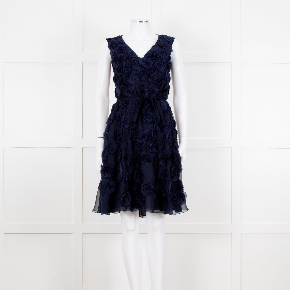 Valentino Navy Blue Silk Rose Embellished Sleeveless Dress