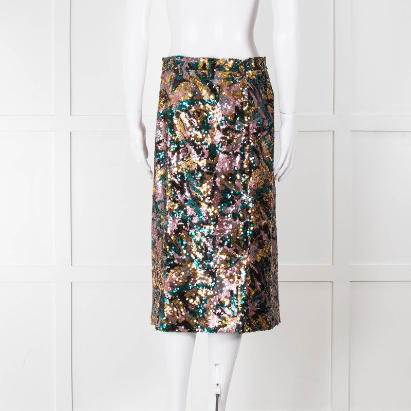 Sezane Blue, Gold and Pink Sequin Floral Pencil Skirt