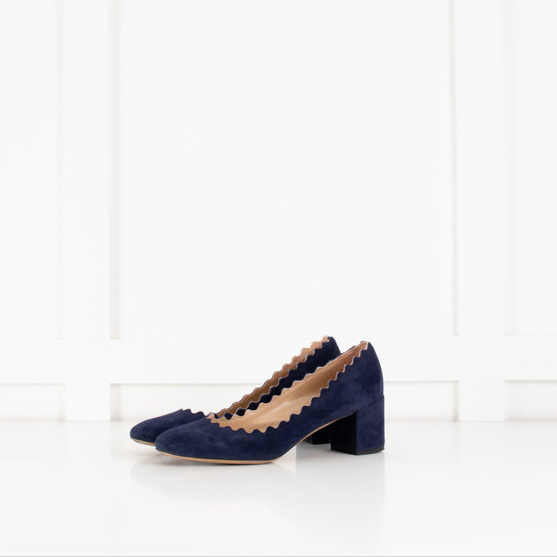 Chloe Navy Blue Scalloped Edge Lauren Block Heel Shoes