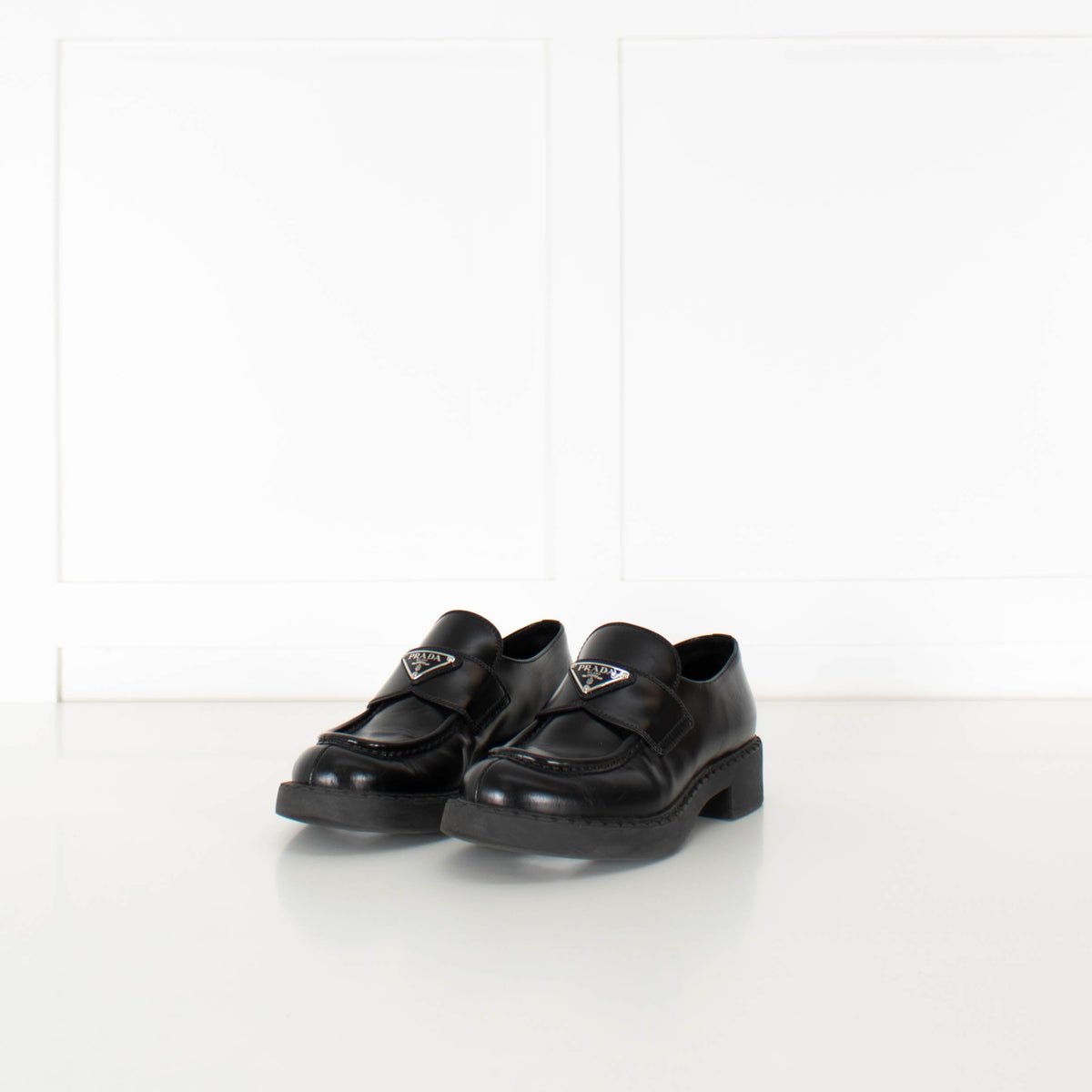 Prada Black Leather Logo Platform Loafers