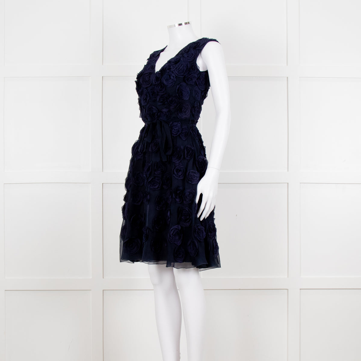 Valentino Navy Blue Silk Rose Embellished Sleeveless Dress