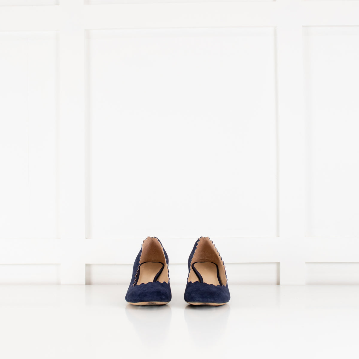 Chloe Navy Blue Scalloped Edge Lauren Block Heel Shoes