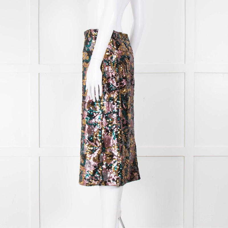 Sezane Blue, Gold and Pink Sequin Floral Pencil Skirt