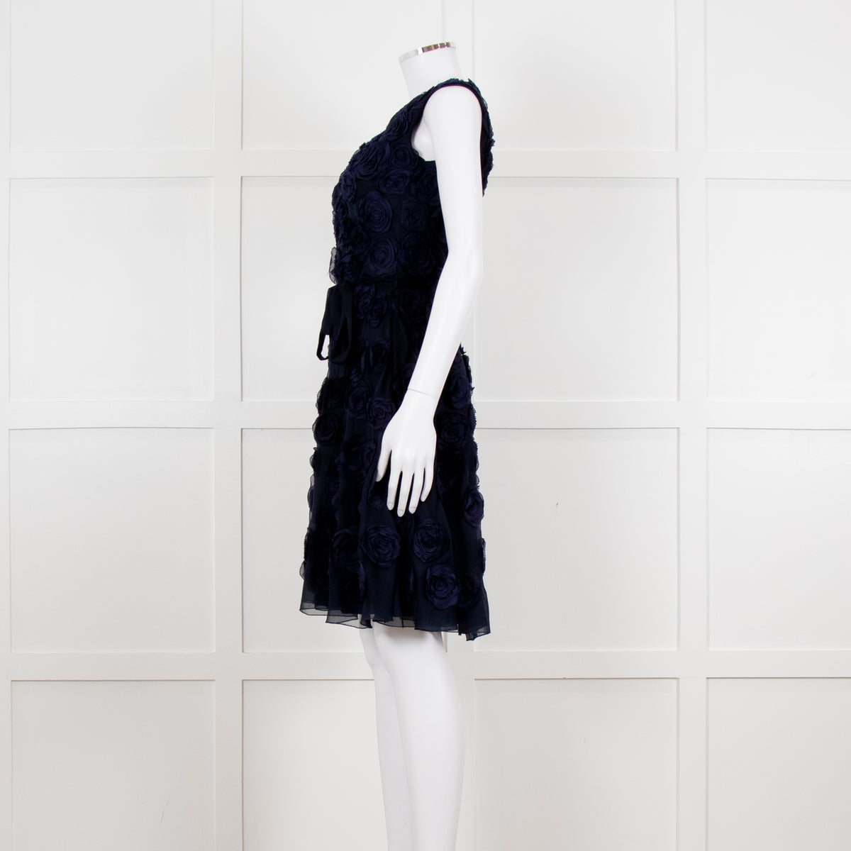 Valentino Navy Blue Silk Rose Embellished Sleeveless Dress