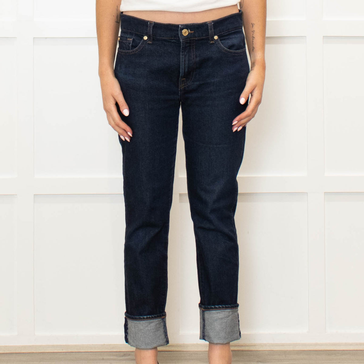 Seven For All Mankind Dark Denim Straight Jeans With Turnups