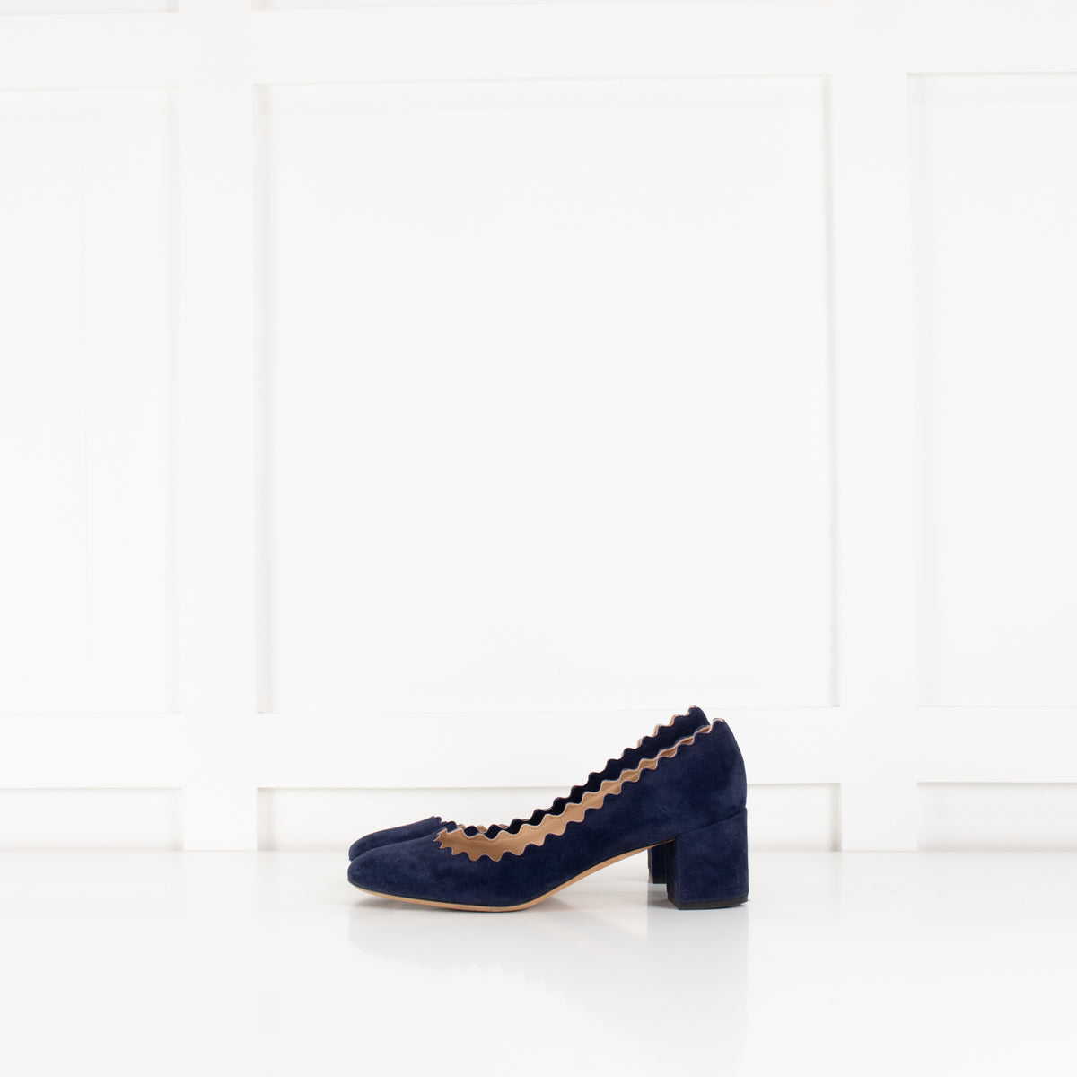 Chloe Navy Blue Scalloped Edge Lauren Block Heel Shoes