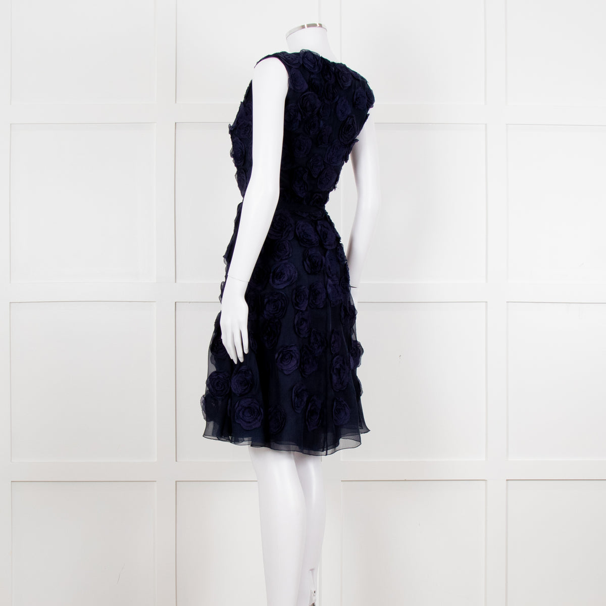 Valentino Navy Blue Silk Rose Embellished Sleeveless Dress