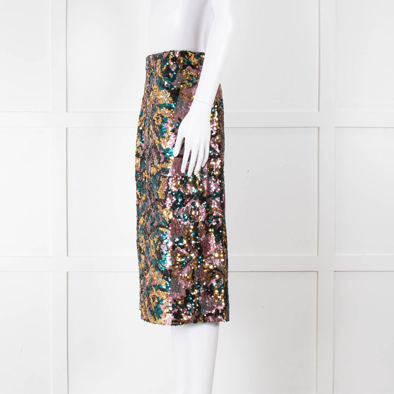 Sezane Blue, Gold and Pink Sequin Floral Pencil Skirt