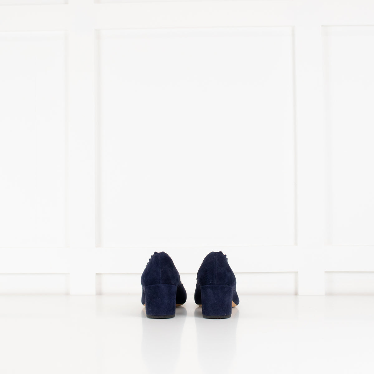 Chloe Navy Blue Scalloped Edge Lauren Block Heel Shoes