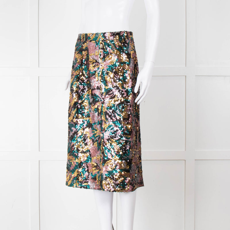 Sezane Blue, Gold and Pink Sequin Floral Pencil Skirt