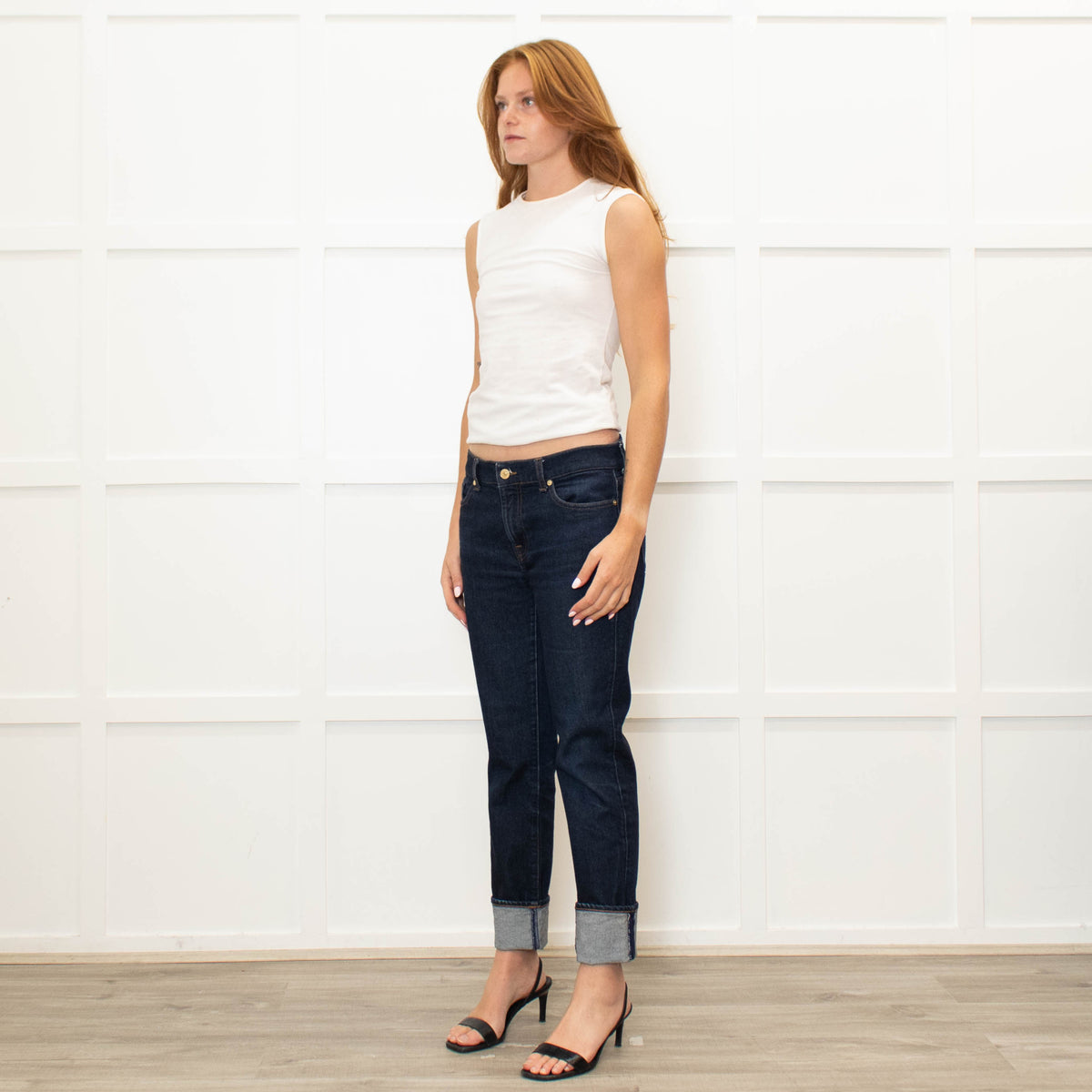 Seven For All Mankind Dark Denim Straight Jeans With Turnups