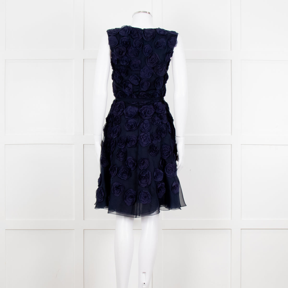 Valentino Navy Blue Silk Rose Embellished Sleeveless Dress