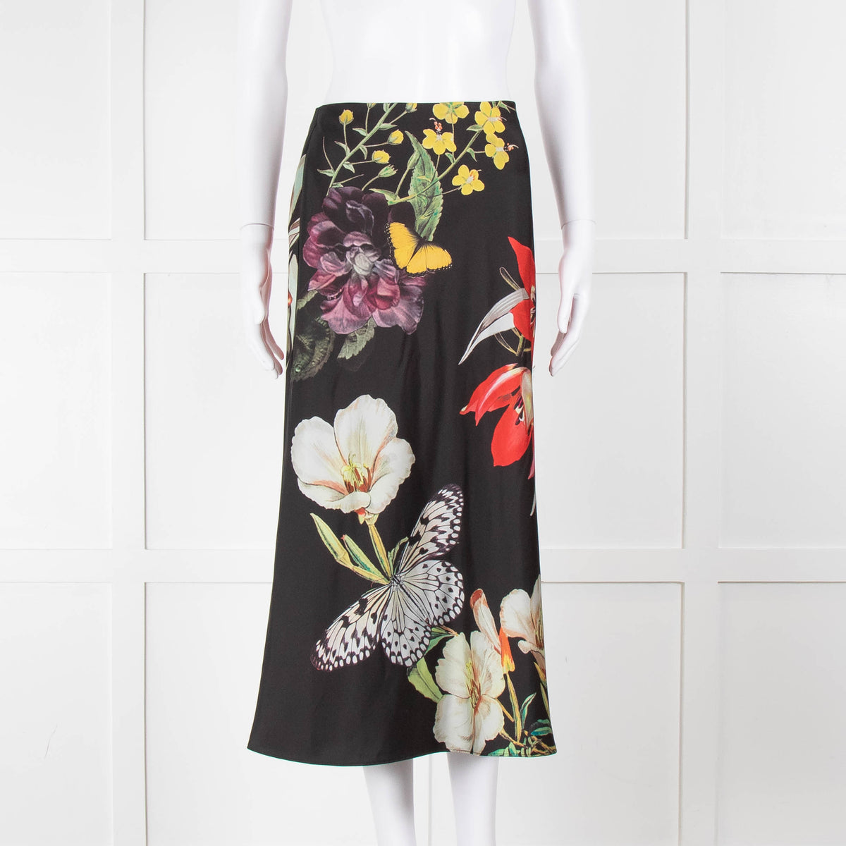 Alice + Olivia Black Large Floral Midi Skirt