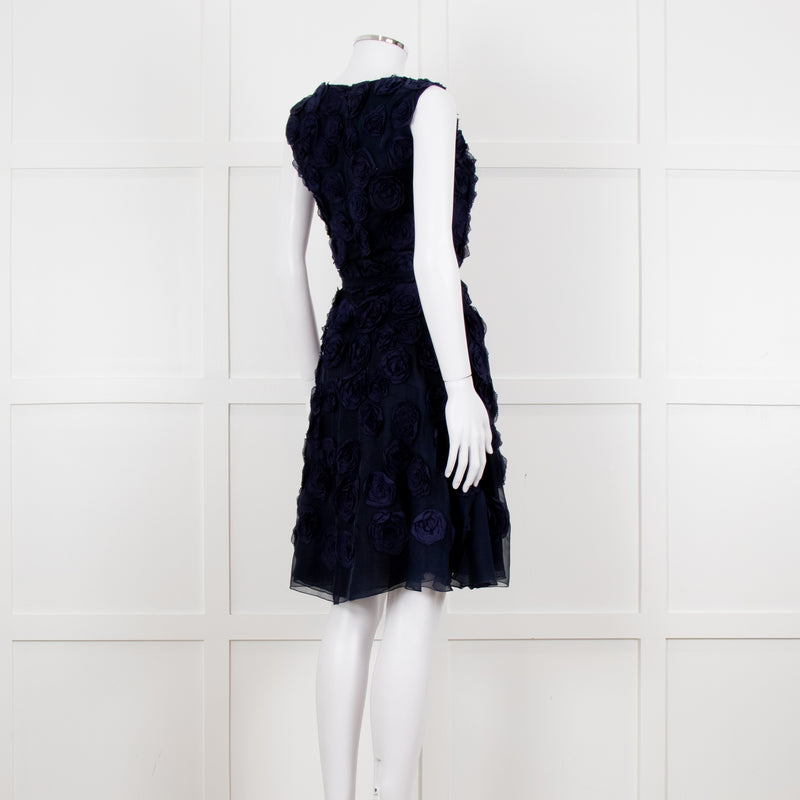 Valentino Navy Blue Silk Rose Embellished Sleeveless Dress