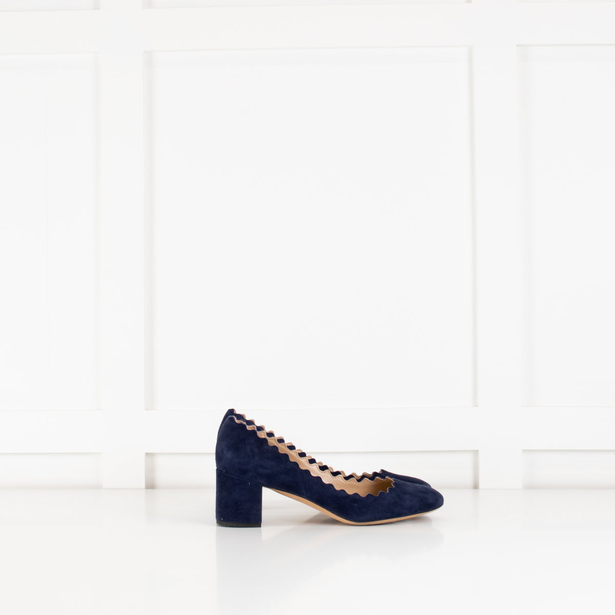 Chloe Navy Blue Scalloped Edge Lauren Block Heel Shoes