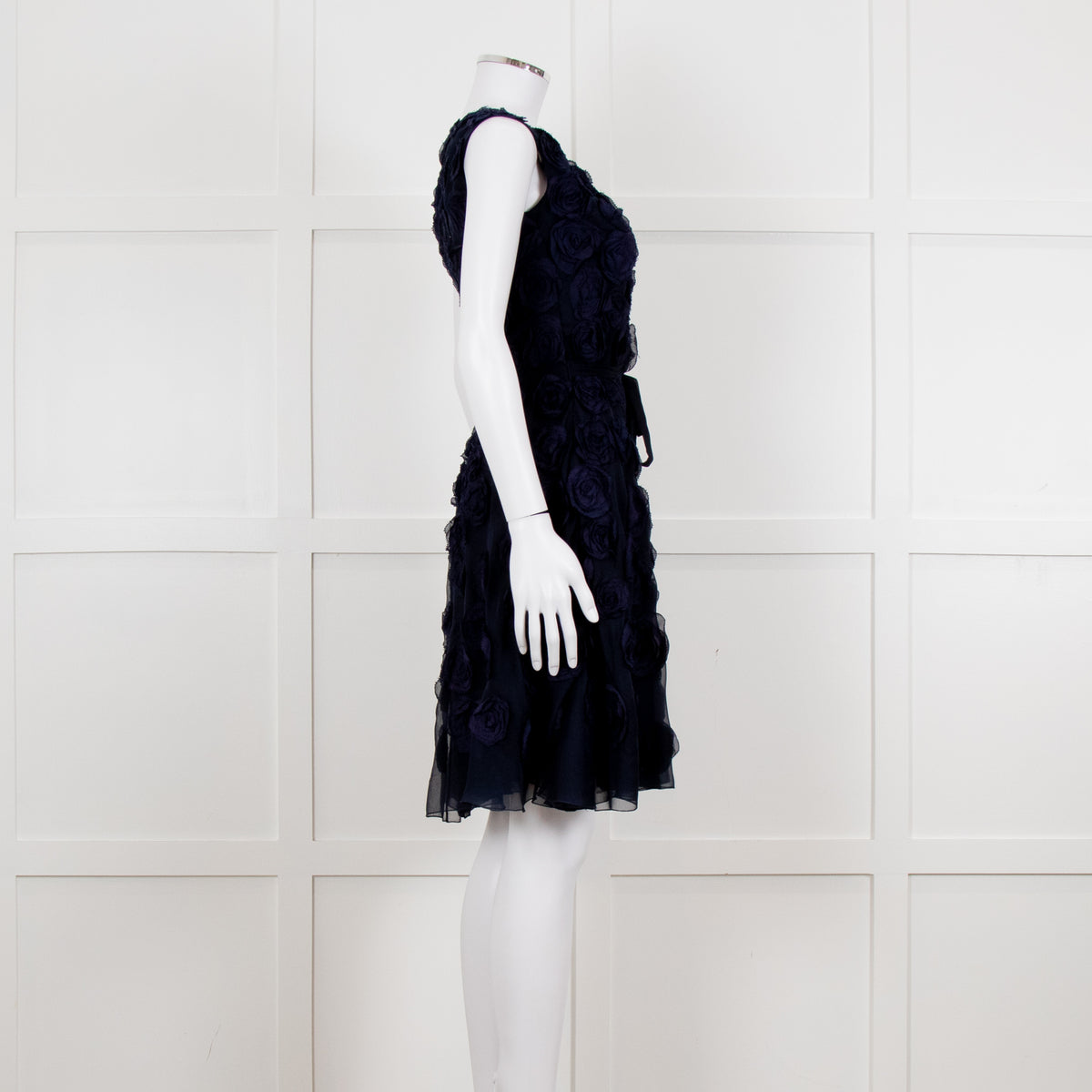 Valentino Navy Blue Silk Rose Embellished Sleeveless Dress