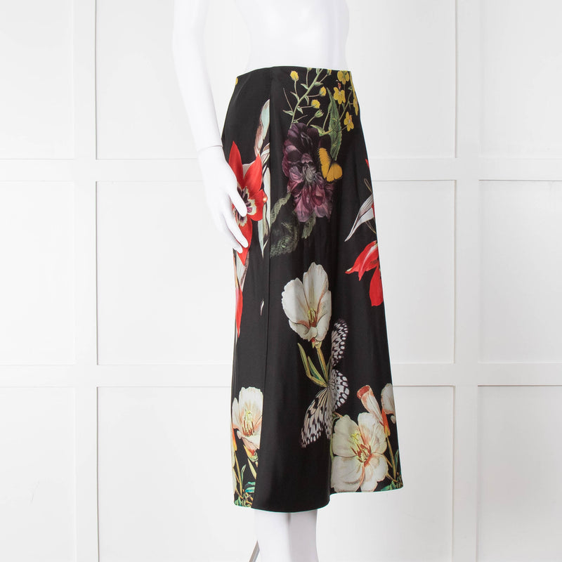 Alice + Olivia Black Large Floral Midi Skirt