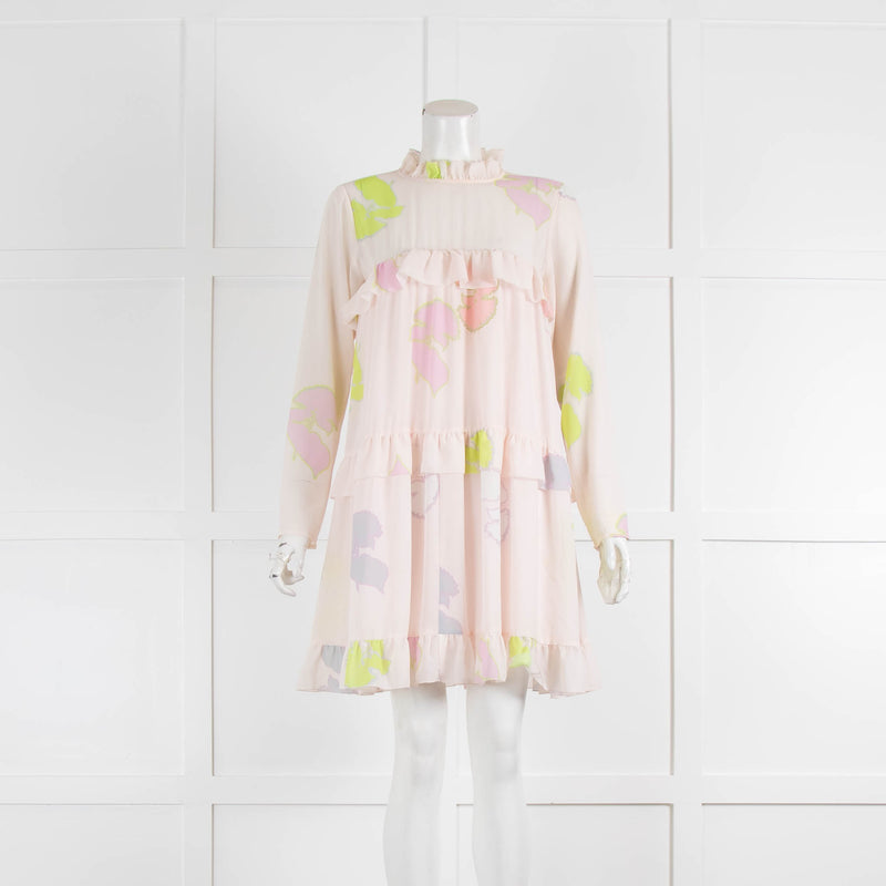 Cynthia Rowley Pale Pink Green Floral Frill Detail Mini Dres