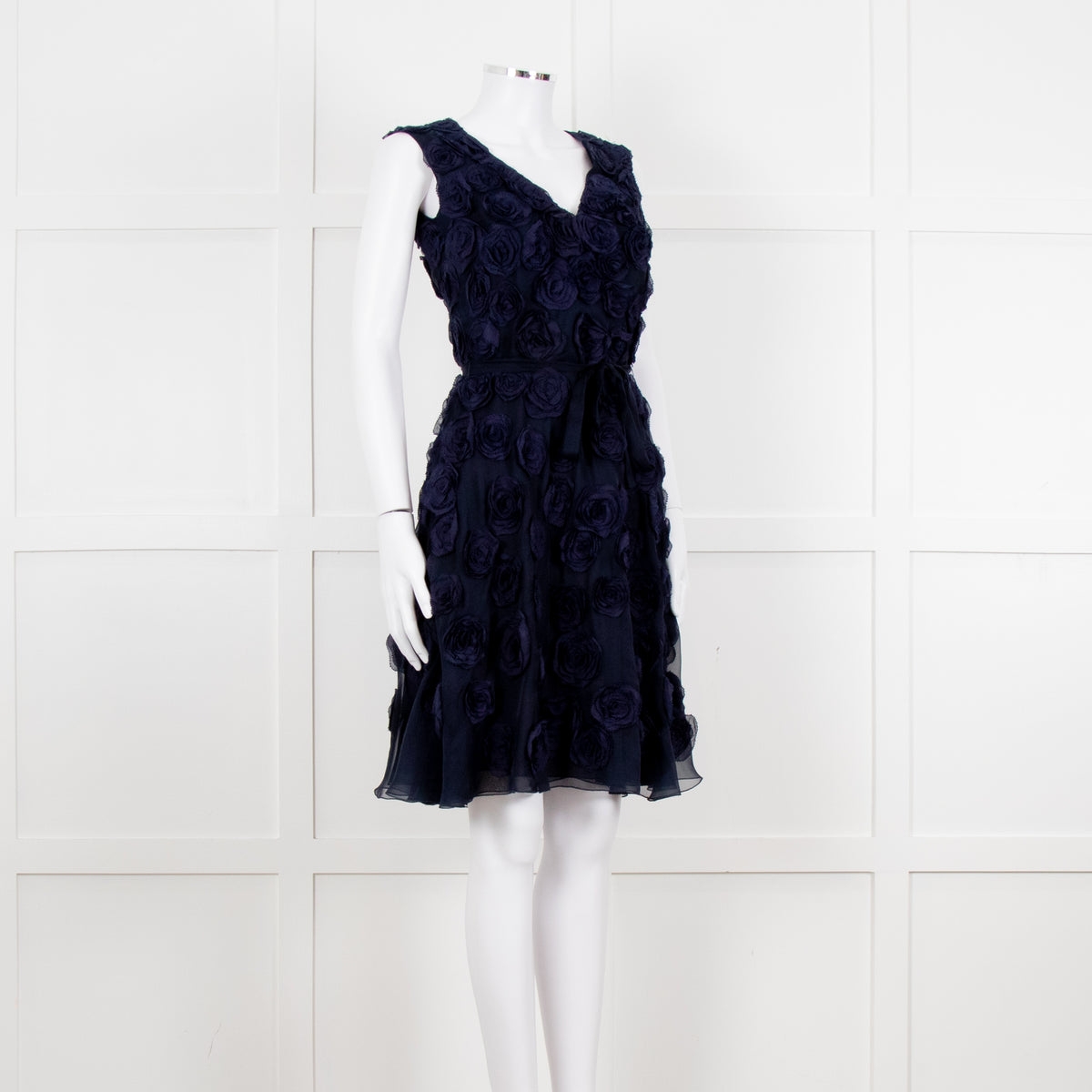 Valentino Navy Blue Silk Rose Embellished Sleeveless Dress