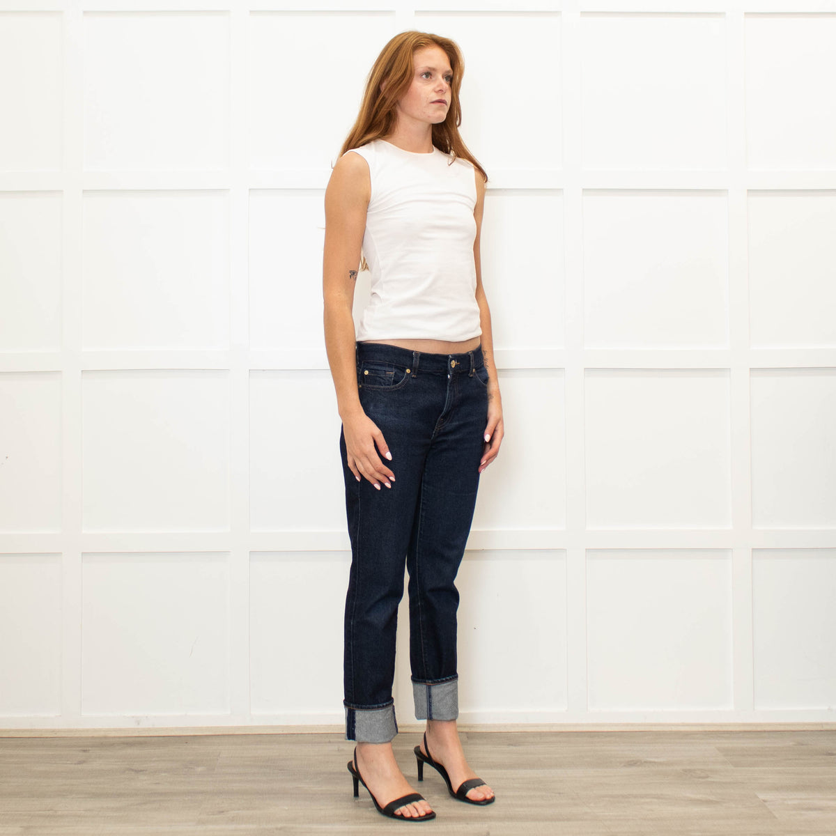 Seven For All Mankind Dark Denim Straight Jeans With Turnups