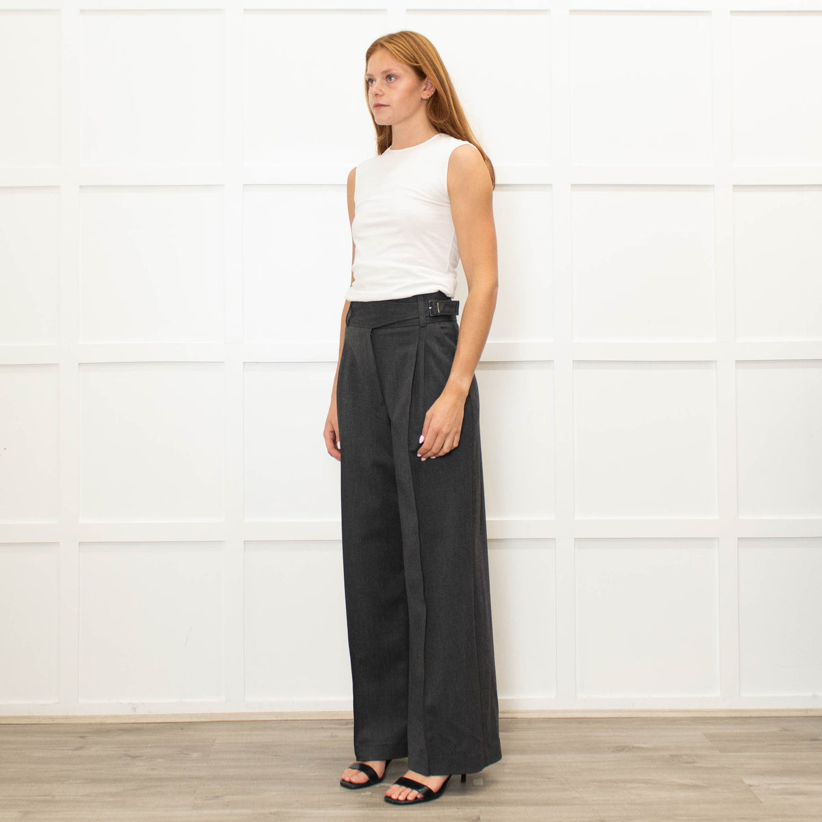 Sezane Grey Wool Mix Flared Trousers With Front Pleats