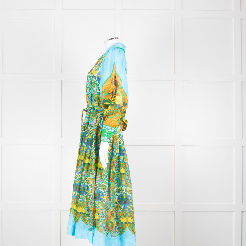 Alemais Blue Yellow Orange Floral  Cotton Dress With Slip