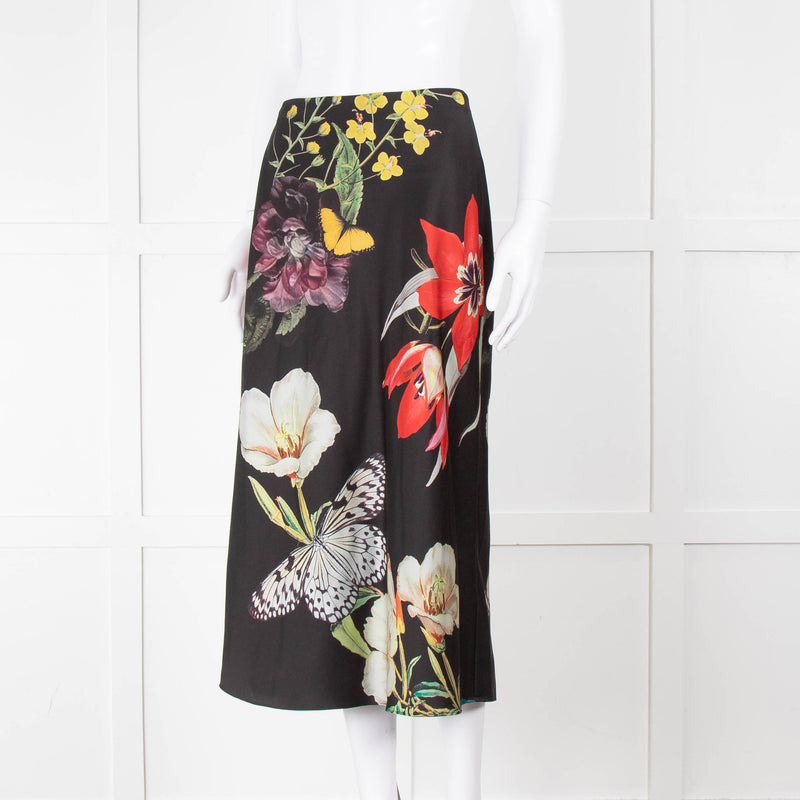 Alice + Olivia Black Large Floral Midi Skirt