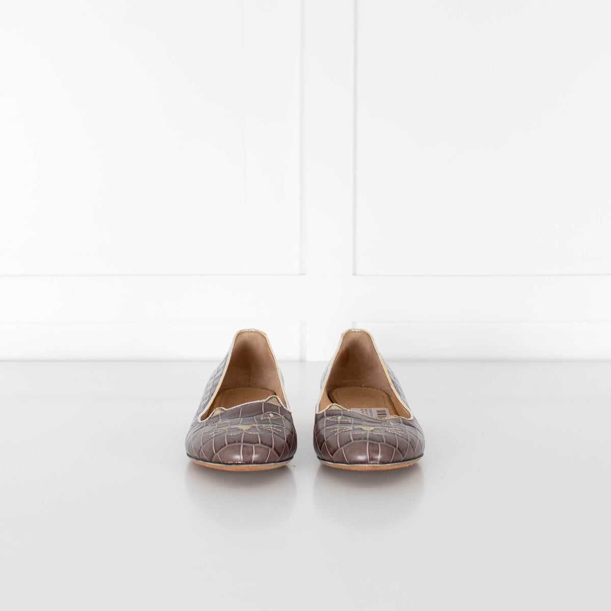 Charlotte Olympia Taupe Croc Embossed Kitty Flat Pumps