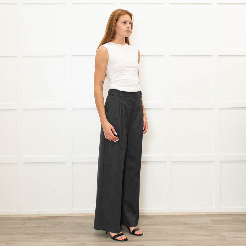 Sezane Grey Wool Mix Flared Trousers With Front Pleats