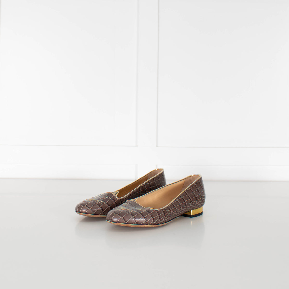 Charlotte Olympia Taupe Croc Embossed Kitty Flat Pumps