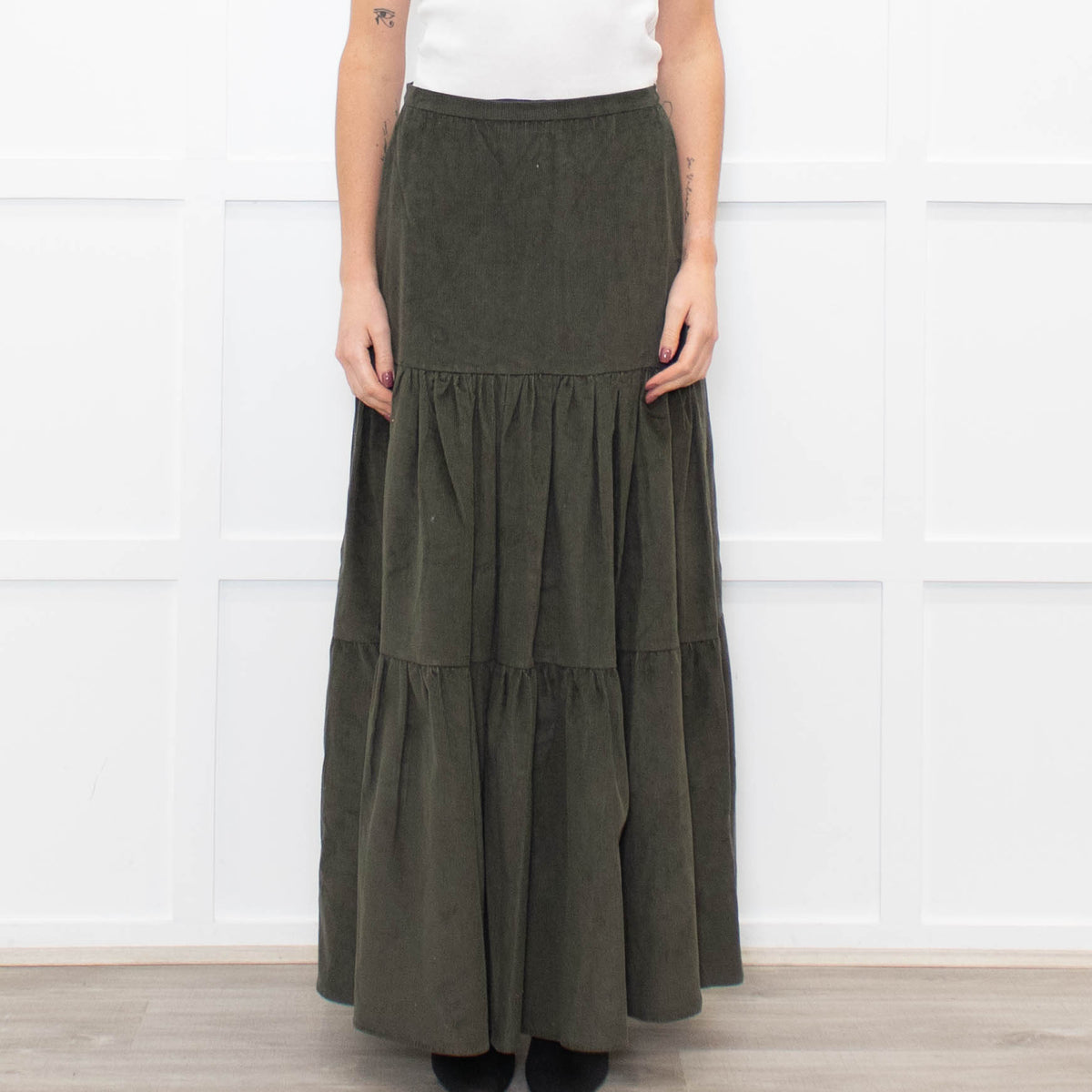Ridley Khaki Corduroy Tiered Midi Skirt