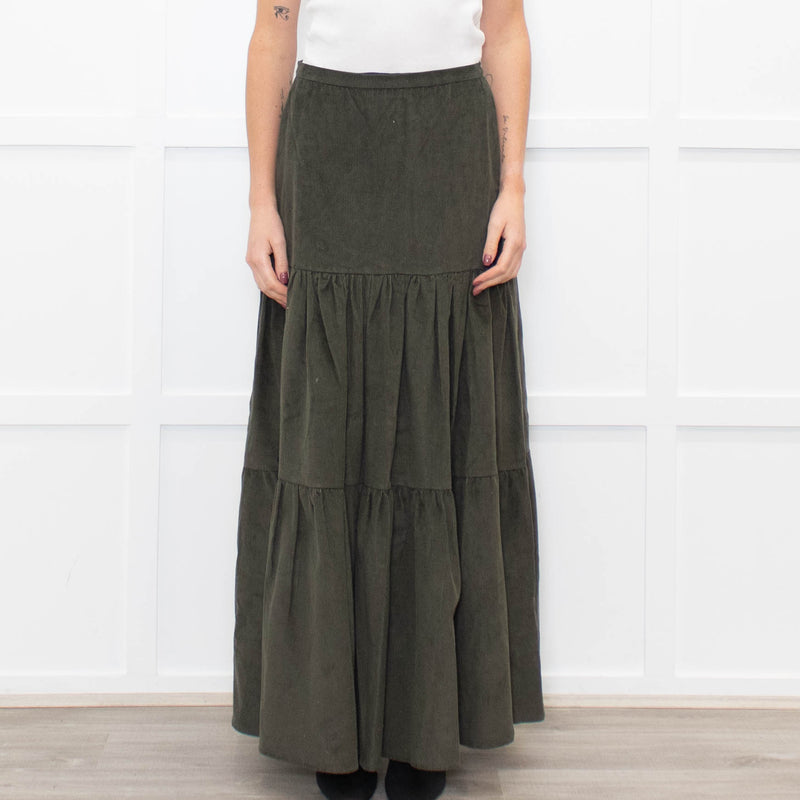 Ridley Khaki Corduroy Tiered Midi Skirt