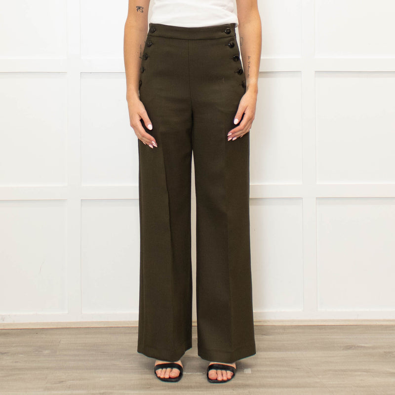 Sezane Green Wide Leg Trousers With Front Buttons