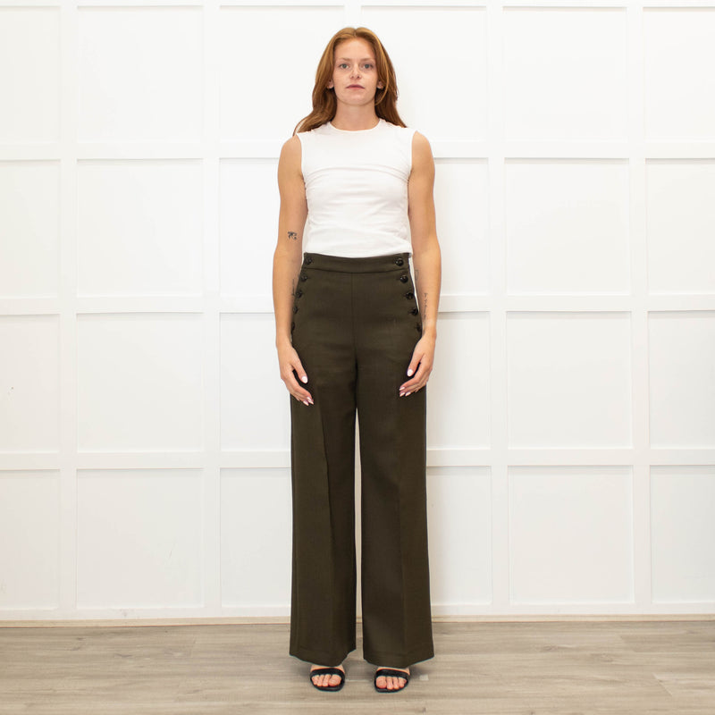 Sezane Green Wide Leg Trousers With Front Buttons