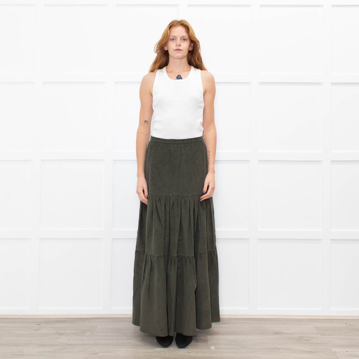 Ridley Khaki Corduroy Tiered Midi Skirt