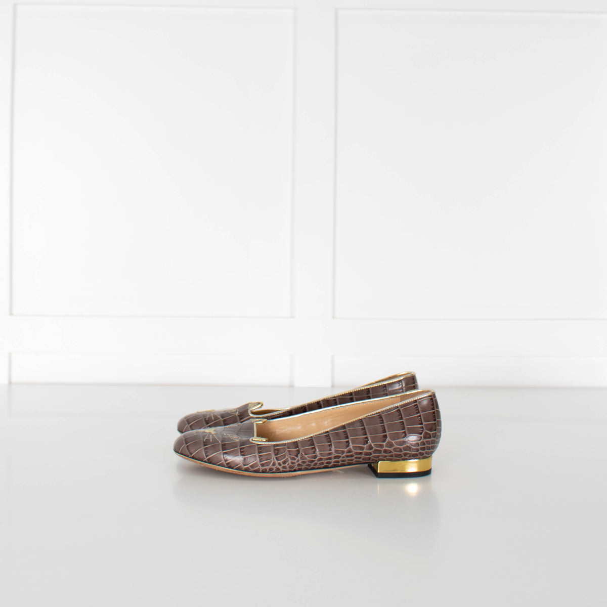 Charlotte Olympia Taupe Croc Embossed Kitty Flat Pumps