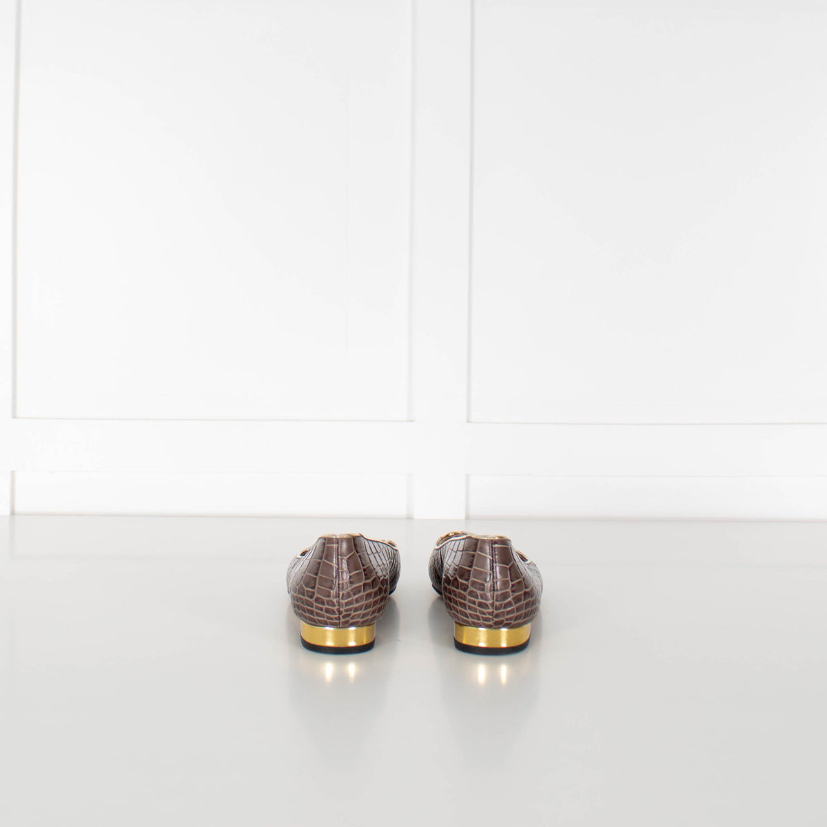 Charlotte Olympia Taupe Croc Embossed Kitty Flat Pumps