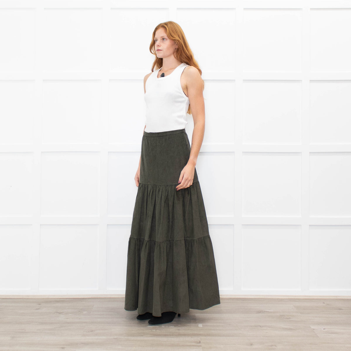 Ridley Khaki Corduroy Tiered Midi Skirt