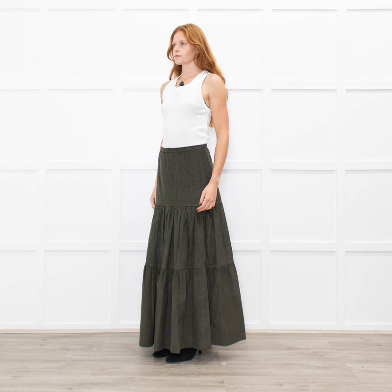 Ridley Khaki Corduroy Tiered Midi Skirt