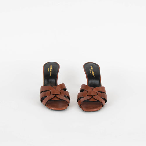 Saint Laurent Brown Leather Tribute Slide Heeled Sandals