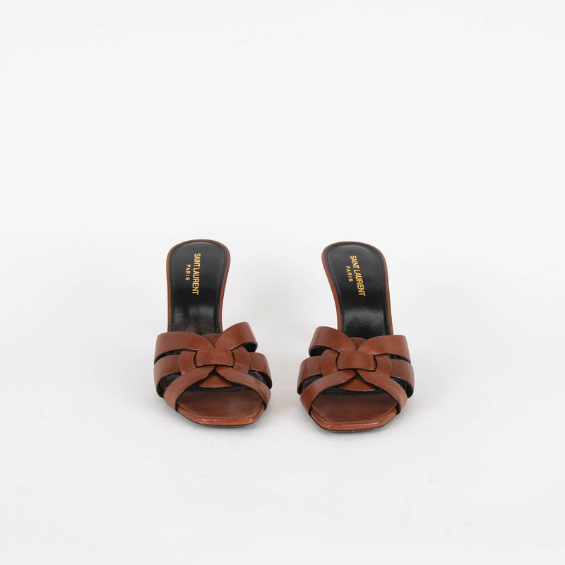 Saint Laurent Brown Leather Tribute Slide Heeled Sandals