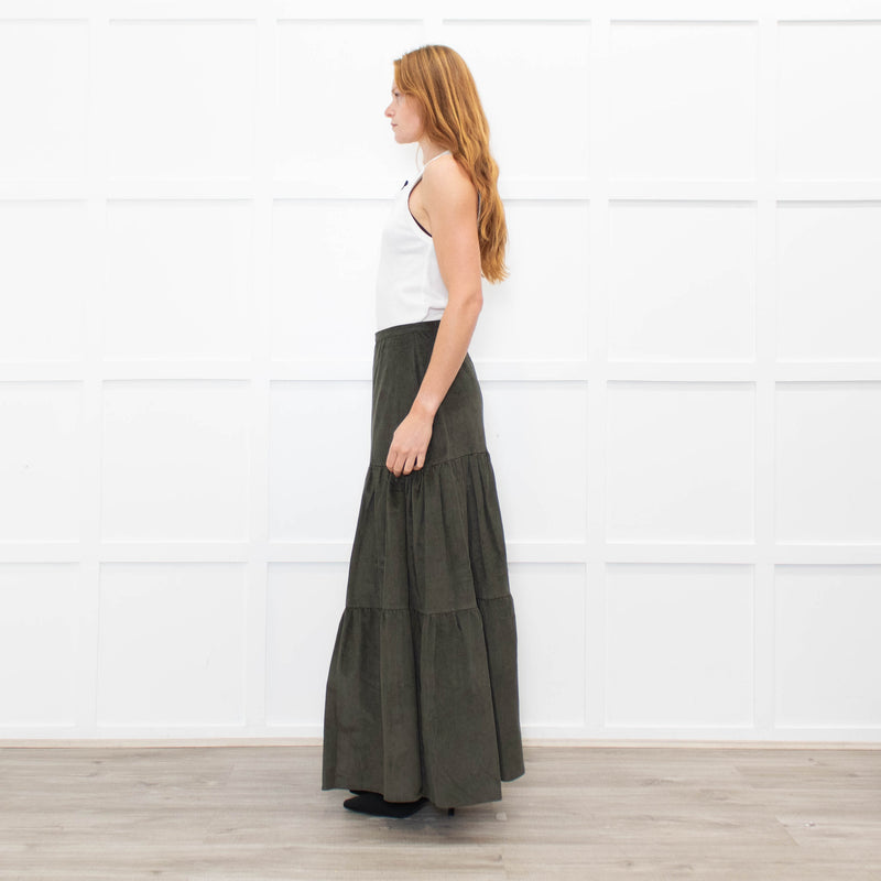 Ridley Khaki Corduroy Tiered Midi Skirt