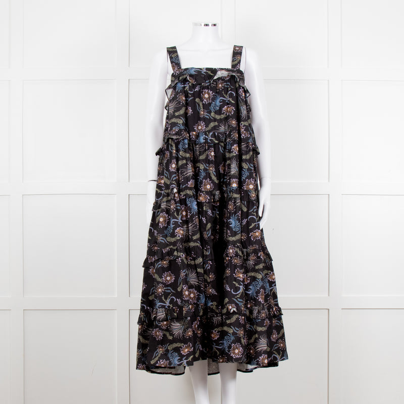 Magali Pascal Black Purple Floral Cotton Tiered Sleeveless Long Dress