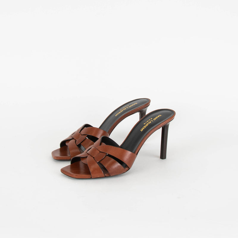 Saint Laurent Brown Leather Tribute Slide Heeled Sandals