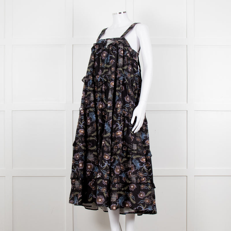 Magali Pascal Black Purple Floral Cotton Tiered Sleeveless Long Dress
