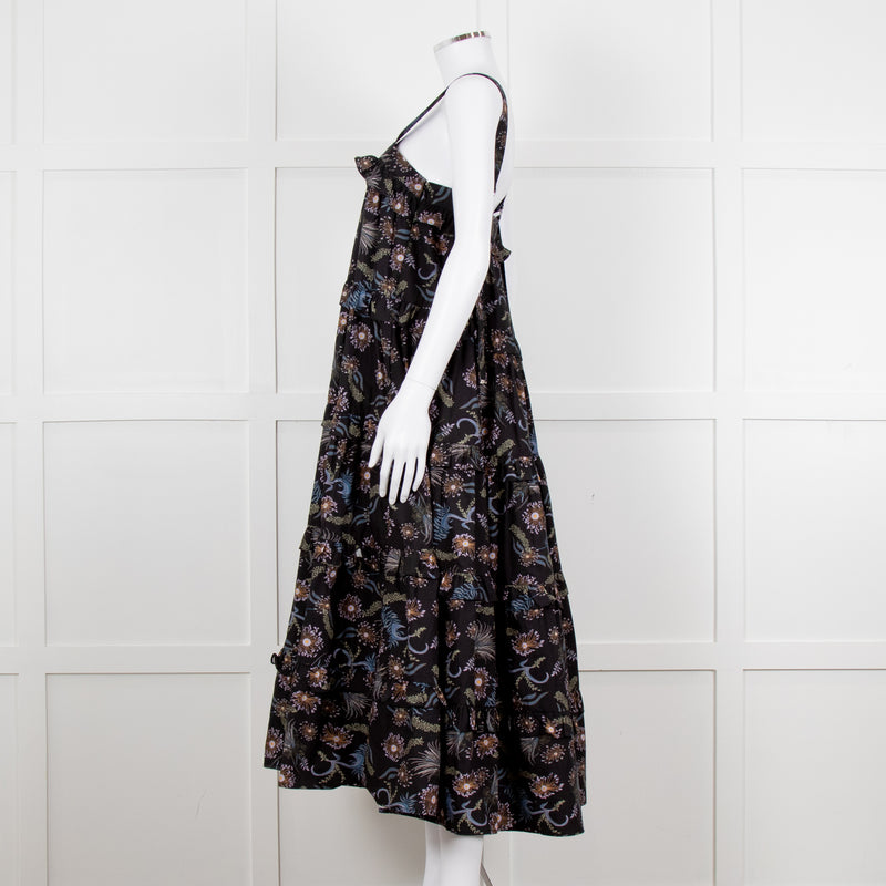 Magali Pascal Black Purple Floral Cotton Tiered Sleeveless Long Dress