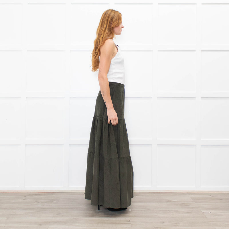 Ridley Khaki Corduroy Tiered Midi Skirt